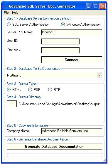 Adv SQL Server Documentation Generator Screenshot